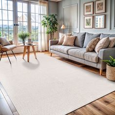 a living room filled with furniture and a white rug on top of a hard wood floor