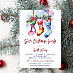 a christmas party flyer with stockings hanging from the tree