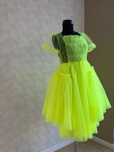 Neon Tulle Dress/ Party Neon Dress/ Festival Neon Dress/ Fancy Clothes/ Tulle Gown/ Neon Summer Dress/ Neon Dress Green Organza Dress For Prom Season, Yellow Fitted Tulle Dress, Yellow Tulle Evening Dress, Spring Prom Fairy Dress With Ruffles, Yellow Tulle Dress For Prom Season, Knee-length Tulle Evening Dress For Party, Yellow Party Dress For Prom Season, Fitted Fairy Dress For Summer Costume Party, Summer Fairy Dress With Ruffles For Costume Party