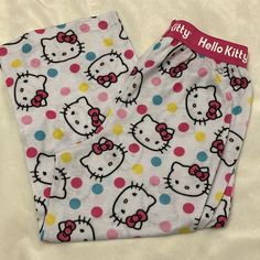 Flame Resistant 26” Long 11” Flat Waistband Cute White Pants For Sleepover, Playful White Bottoms For Sleep, Playful White Sleep Bottoms, Cute White Bottoms For Sleepover, White Sleepwear With Elastic Waistband For Sleepover, Hello Kitty Pajamas, Pajama Bottoms, Kids Pajamas, Pink White