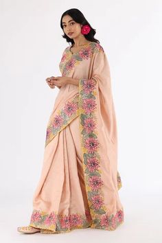 Shop for Nakita Singh Pink Satin Silk Floral Embroidered Saree And Blouse Set for Women Online at Aza Fashions Floral Saree Blouse, Saree And Blouse, Floral Saree, Embroidered Saree, Embroidered Border, Satin Silk, Pink Saree, Cut Work, Embroidered Silk