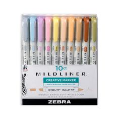 zebra markers are in the package with different colors and sizes for each marker, which is also