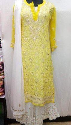 Georgette Chikankari Sharara Suit Lakhnavi Kurti, Dresses Kurti, Lucknowi Suits, Plazzo Set, Indian Suit, Salwar Designs