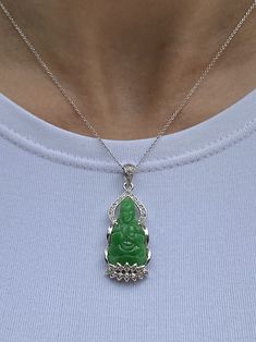 Buddha Necklace Aesthetic, Silver Carved Jade Jewelry, Carved Silver Jade Jewelry, Carved Silver Jade Necklaces, Carved Silver Jade Necklace, Carved Jade Necklace In Silver, Carved White Gold Pendant Jewelry, White Gold Jade Pendant Jewelry, Carved White Gold Necklaces As Gift