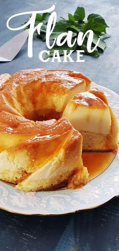 a plate topped with a cake covered in caramel sauce