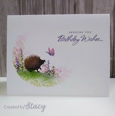 a birthday card with a hedgehog on it and a butterfly flying over the top