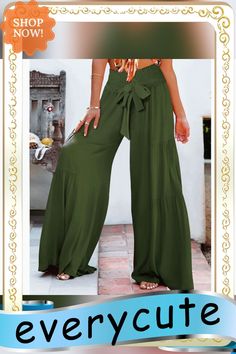 Army Green Smocked High Waist Palazzo Pants with Tie Bohemian Summer Pants In Solid Color, Bohemian Summer Pants, Bohemian Solid Color Harem Pants For Vacation, Solid Color Bohemian Wide Leg Pants For Vacation, Bohemian Solid Color Wide Leg Pants For Vacation, Bohemian Style Solid Color Wide Leg Pants For Vacation, Bohemian Solid Wide Leg Pants For Beach, Neutral Color Bohemian Wide Leg Pants For Beach, High Waist Palazzo Pants