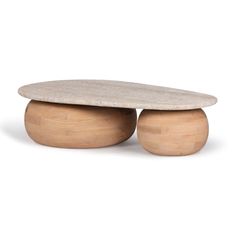 a white table with two wooden legs and a stone top sitting on a white background