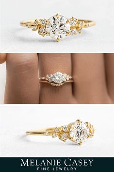 three different views of an engagement ring with diamonds on each side and the words melanie casey fine jewelry