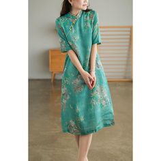 2024 new chinese style traditional cheongsam dress vintage qipao dress oriental style floral cotton Cotton Stand Collar Summer Dress, Cotton Summer Dress With Stand Collar, Green Stand Collar Cheongsam For Spring, Spring Green Cheongsam With Stand Collar, Fitted Floral Print Cheongsam With Short Sleeves, Fitted Short Sleeve Floral Cheongsam, Summer Cheongsam With Floral Print And Stand Collar, Fitted Floral Print Cheongsam For Summer, Fitted Floral Cheongsam For Summer