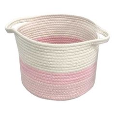 a pink and white basket with rope on the bottom, sitting in front of a white background