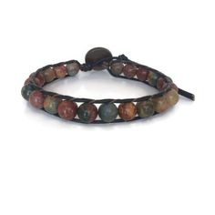 This gemstone bracelet for men is made with 8mm Picasso Jasper Beads individual woven onto natural dark brown leather cord. This men's gemstone bracelet would make a great addition to your wardrobe. The deep colors of greens, browns and burgundy run throughout the beads. Each bracelet is made with top quality leather and gemstone beads. To choose the proper length, simply measure your wrist and add as much length as you want for a comfortable fit. Adjustable Hand-strung Leather Bracelet, Adjustable Hand-strung Leather Bracelet With Round Beads, Adjustable Brown Leather Bracelet With Natural Stones, Adjustable Spiritual Leather Bracelet With Natural Stones, Adjustable Leather Bracelets With Natural Stones, Leather Beaded Bracelets With Round Beads For Gift, Brown Leather Bracelet With Natural Stones For Gift, Brown Leather Bracelet With Natural Stones In Spiritual Style, Brown Leather Bracelet With Natural Stones As Gift