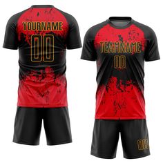 a red and black soccer uniform with the name teamname 00 written on it in gold