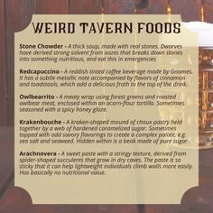 a sign describing the benefits of weird tavern foods