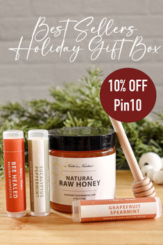 Nate's Nectar Best Sellers Holiday Gift Box, includes honey or creamed honey and beeswax skin care. Holiday Gifts For Co Workers, Beeswax Body Butter, Creamed Honey, Holiday Gift Box, Lip Balms, Raw Honey, Small Batches, Body Butter, Gift Boxes