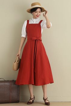 Fit and flare Linen Pinafore Dress 278901 – XiaoLizi Fall A-line Midi Dress With Pockets, Cotton Belted Midi Dress For Fall, Belted Cotton Midi Dress For Fall, Cotton Midi Dress With Pockets For Fall, Square Neck Cotton Midi Dress For Work, Cotton Square Neck Midi Dress For Workwear, Cotton Midi Dress With Square Neck For Work, Square Neck Cotton Dress For Work, Cotton Square Neck Dress For Work