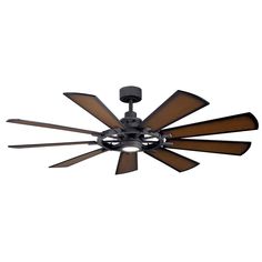 a ceiling fan with four wooden blades on the top and two dark brown blades on the bottom