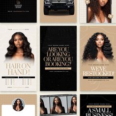 a series of brochures for hair salons and beauty products, with images of black women