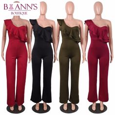 This sweet but sexy jumpsuit is absolutely perfect. Featuring a fitted top and waist to flare legs with one exposed shoulder and one ruffled shoulder that falls to the waist. This jumpsuit pairs perfectly withe wedges, heels or booties and statement jewelry. Made with a blend of polyester and spandex for comfort and style and comes in four fabulous colors from which to choose. One-shoulder Strapless Jumpsuit For Party, One-shoulder Fitted Jumpsuit With Ruffles, Fitted One-shoulder Jumpsuit With Ruffles, Fitted One-shoulder Ruffled Jumpsuit, Fitted One-shoulder Jumpsuit For Spring, One-shoulder Ruffled Jumpsuits And Rompers For Spring, Spring One Shoulder Ruffled Jumpsuits And Rompers, Spring One-shoulder Ruffled Jumpsuits And Rompers, Trendy Fitted One-shoulder Jumpsuits And Rompers