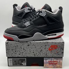 Get your hands on the highly anticipated Air Jordan 4 Retro Bred Reimagined sneakers in size 12. These stylish sneakers feature a black, white, and grey color scheme with colorful accents that will make heads turn. The upper is made of high-quality leather and the shoes are designed for athletic use. The Air Jordan 4 Retro Bred Reimagined sneakers are perfect for any man who wants to stay stylish while being comfortable. The shoes have a US shoe size of 12 and are part of the Air Jordan product line. These sneakers are a must-have for any sneakerhead. Black Leather Air Jordan 4 For Streetwear, Modern Leather Air Jordan 4 For Sports, Black Leather Air Jordan 4 Sports Shoes, Black Leather Air Jordan 4 With Branded Insole, Jordan 4 Retro Bred, Grey Color Scheme, Jordan 4 Retro, Air Jordan 4, Air Jordan 4 Retro