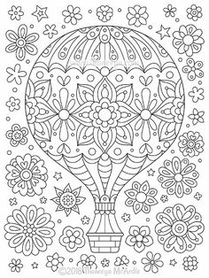 a hot air balloon with flowers and stars in the background coloring pages for adults, adult