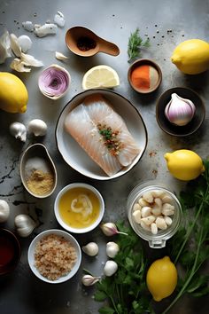 the ingredients are laid out on the table to be prepared for this meal, including lemons, onions, garlic, and fish