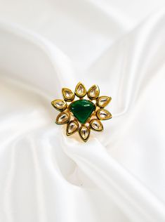 Emerald ring with Kundan gemstone for women Green Gemstone Flower Ring, Emerald Flower Ring Gift In Green, Green Gemstone Open Ring Jewelry, Green Gemstone Toe Ring, Elegant Green Crystal Ring With Metal Band, Elegant Green Crystal Ring, Anniversary Emerald Flower Ring In Green, Anniversary Green Emerald Flower Ring, Green Gemstone Ring Jewelry