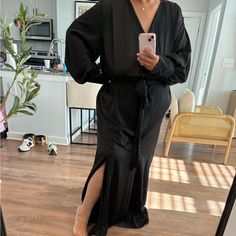 Beautiful Evening Gown , Long V Neck , Slip On Side , Belted Never Worn Eloquii Dress, Beautiful Evening Gowns, Silk Evening Gown, Beautiful Evening, Dresses Black, Black Silk, Evening Gown, Evening Gowns, Black Dress