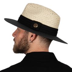 "Our handmade summer Panama hats are chic and stylish accessories for every occasions. They are made from real palm raffia. They are classic accessories with their vintage styles for summer, beach parties and holidays.  They are also great gift for every occasions.  Our fedoras are unisex and looks perfect for everyone.  Color : Black and Beige Size : 55-58 cm  Brim size : 7 cm ( 2.76\") Crown : 12 cm (4.75\") Ribbon : 3.5 cm trifold ribbon You can brush with softly brush and wipe with a damp ra Adjustable Black Straw Hat Made Of Paper Straw, Black Toquilla Straw Fedora For The Beach, Black Straw Panama Hat For Travel, Black Toquilla Straw Panama Hat For Summer, Black Toquilla Straw Panama Hat For The Beach, Black Toquilla Straw Panama Hat For Beach, Casual Panama Hat With Flat Bill In Natural Color, Casual Natural Panama Hat With Flat Bill, Adjustable Flat Brim Palm Leaf Hat