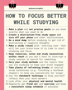 a pink poster with the words how to focus better while studying and writing on it