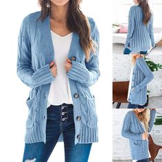 This cable-knit cardigan with front pockets and button-up front is simple chic and cozy. Made with a polyester blend.