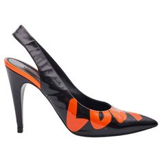 LOUIS VUITTON PATENT LEATHER ORANGE BLACK GRAFFITI SLINGBACK HEELS (EU 38.5) Black and orange patent leather Louis Vuitton Stephen Sprouse Graffiti pumps with pointed toes and covered heels. Color: Black with orange Stephen Sprouse Graffiti print Material: Patent leather Date code: MA1018 Year: 2008 Size: 38.5 EU / 7.5 US Heel Height: 100 mm / 4” Condition: Very good. Faint hairlines marks form light wear and handling. Scrapes and stains the undersells. Comes with: No brand dust bag Made in Ital Slingback Heel, Orange Leather, Orange Black, Patent Leather, High Heel Shoes, Bag Making, Clothing And Shoes, Christian Louboutin, Heel Height