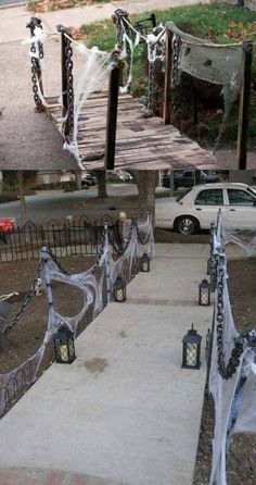 two different pictures of the same area in front of a house with halloween decorations on it