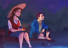 two people sitting on a dock at night