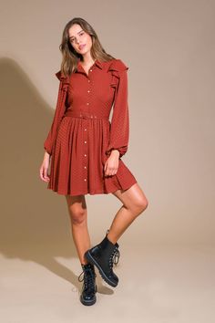 A textured woven mini dress featuring shirt collar, button down, long sleeve with ruffled shoulder, self belt and full skirt Details: Self : 100% PolyesterLining : 100% Polyester Size & Fit - Model is 5`8" And Wearing Size Small- Measurements Taken From Size Small- Approx. Length: 34" Belted Mini Length Shirt Dress For Fall, Belted Mini Shirt Dress For Fall, Fall Mini Dress With Belt And Collar, Casual Ruffled Shirt Dress For Fall, Casual Fall Mini Shirt Dress, Fall Shirt Dress With Ruffles, Long Sleeve Mini Dress With Ruffle Hem For Work, Fall Long Sleeve Ruffled Shirt Dress, Ruffled Button-up Work Dresses