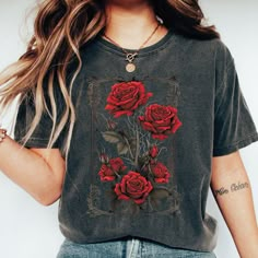 Vintage Roses Shirt Vintage Flower Tshirt Retro Roses Shirt Gothic Flowers Tarot Card Shirt Tshirt Oversized Tshirt Floral Graphic Tee, Comfort Colors® Gildan is back with its garment-dyed t-shirt, a fully customizable tee made 100% with ring-spun cotton. The soft-washed, garment-dyed fabric brings extra coziness to your wardrobe while the relaxed fit makes it an excellent daily choice. The double-needle stitching throughout the tee makes it highly durable while the lack of side-seams helps the Casual Rose Print Crew Neck T-shirt, Cotton Crew Neck Top With Rose Print, Short Sleeve Rose Print Graphic Tee Tops, Casual Rose Print Tops, Casual Rose Print Tops In Rose Color, Cotton Graphic Tee With Rose Print, Casual Rose Cotton Top, Casual Rose Tops With Rose Design, Rose Color Crew Neck Top With Rose Print