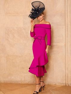 Veni Infantino 991920 - Magenta / Navy-Mother of the bride- mother of the groom -Nicola Ross Chic Off-shoulder Long Sleeve Evening Dress, Elegant Fitted Off-shoulder Dress With Boat Neck, Elegant Fitted Off-shoulder Boat Neck Dress, Elegant Off-shoulder Long Sleeve Party Dress, Spring Party Dress With Boat Neck, Boat Neck Dress With Fitted Bodice For Gala, Fitted Boat Neck Midi Dress For Party, Boat Neck Gala Dress With Fitted Bodice, Elegant Off-shoulder Fitted Long Sleeve Dress