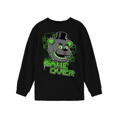 He'll love the cool style of this Boys 8-20 Five Nights at Freddy's Neon Long-Sleeve Tee. He'll love the cool style of this Boys 8-20 Five Nights at Freddy's Neon Long-Sleeve Tee. Crewneck Long sleevesFABRIC & CARE Cotton Machine wash Imported Size: X Small. Color: Black. Gender: male. Age Group: kids. Black T-shirt With Character Print For Winter, Casual Long Sleeve Cartoon Print T-shirt, Black Cartoon Print T-shirt For Winter, Black Cartoon Print T-shirt, Trendy Long Sleeve T-shirt With Cartoon Print, Black Character Print T-shirt For Winter, Hip Hop Halloween Long Sleeve Tops, Hip Hop Long Sleeve Halloween Tops, Hip Hop Long Sleeve Tops For Halloween