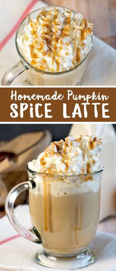 homemade pumpkin spice latte in a glass mug with whipped cream and caramel drizzle