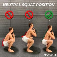 a man squats in front of a sign that says neutral and no squat position