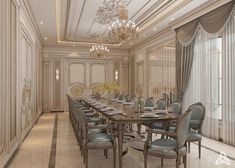 an elegant dining room with chandelier and table set for eight people in blue chairs