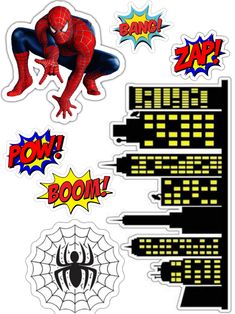 some stickers that are on the side of a white wall with spiderman symbols