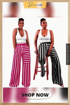 Striped Print High Waist Wide Leg Pants Striped High-waisted Vacation Pants, Striped High-waisted Pants For Vacation, Striped Wide Leg Pants For Day Out, Wide Leg Striped Pants For Day Out, Striped Stretch Wide-leg Pants, Trendy Striped Pants For Day Out, Pink Wide Leg Pants, High Waist Wide Leg Pants, New Pant