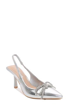 A dramatic pointy-toe and crystal-embellished bow add dramatic style to this sleek slingback pump. Synthetic upper, lining and sole Imported Rhinestone Slingback Pumps For Events, Glamorous Heel Strap Slingback Pumps For Prom, Embellished Slingback Pumps For Prom, Glamorous Slingback Pumps With Heel Strap For Prom, Glamorous Slingback Pumps For Prom, Glamorous Crystal-embellished Slingback Pumps, Rhinestone Slingback Pumps For Prom, Formal Rhinestone Slingback Pumps With Pointed Toe, Formal Rhinestoned Pointed Toe Slingback Pumps