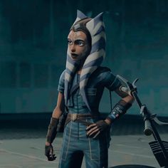 a character from star wars the old republic standing in front of a motorcycle and looking at the camera