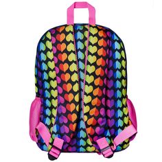 a colorful backpack with hearts on it