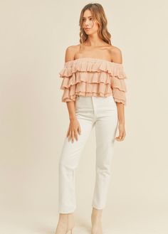 Layered, flirty and ruffled! This adorable lightweight knit top is just the right amount of dressy for that brunch mimosa or dinner and drinks! Easy to pair with white denim or just some cut offs for a casual day out Available in Small, Medium and Large Runs true to size, length to waist 100% Cotton Casual Off-shoulder Ruffle Tops, Chic Tops With Ruffle Hem For Night Out, Off-shoulder Tops With Ruffle Hem For Summer, Off-shoulder Top With Ruffle Hem For Summer, Summer Off-shoulder Top With Ruffle Hem, Cute Spring Tops For Day Out, Chic Ruffled Blouse For Spring, Casual Off-shoulder Blouse With Ruffles, Spring Ruffled Tops For Day Out