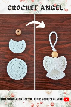 the crochet angel ornament is shown on top of a wooden table