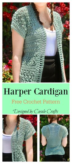 a woman wearing a crochet cardigan with the text, free crochet pattern