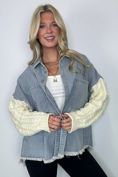 Details: Get ready to rock the fashion world with our Remy Contrast Knit Denim Jacket! Designed with a jacket body and relaxed fit, this shacket boasts stylish sweater sleeves and chest pockets. The distressed hemline adds a touch of edge to this collared button down. Get ready to turn heads and make a statement! - Contrast Cable knit detail - Relaxed fit Content: 100% Cotton Size + Fit: Model is 5'9" and wearing a Small - Measurements from a size Small are approx - Full length: 28"(Front) 32"(B White Cable Knit Button-up Outerwear, Fall Light Wash Shacket With Pockets, Winter Medium Wash Denim Shacket, Winter Denim Shacket In Medium Wash, Fall Light Wash Denim Shacket, Trendy Light Wash Shacket For Fall, Winter Denim Shacket With Pockets, Oversized Cable Knit Cotton Outerwear, Trendy Cotton Denim Jacket For Layering